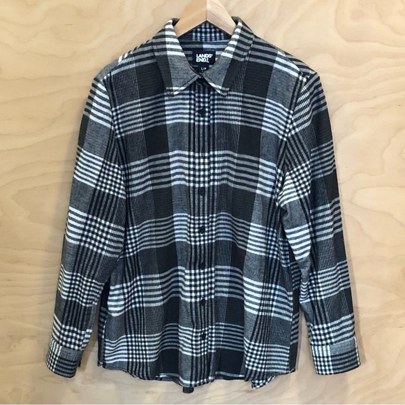 Lands' End Tops - Lands' End Plaid Flannel Shirt Gray White 100% Cotton Womens LP.
